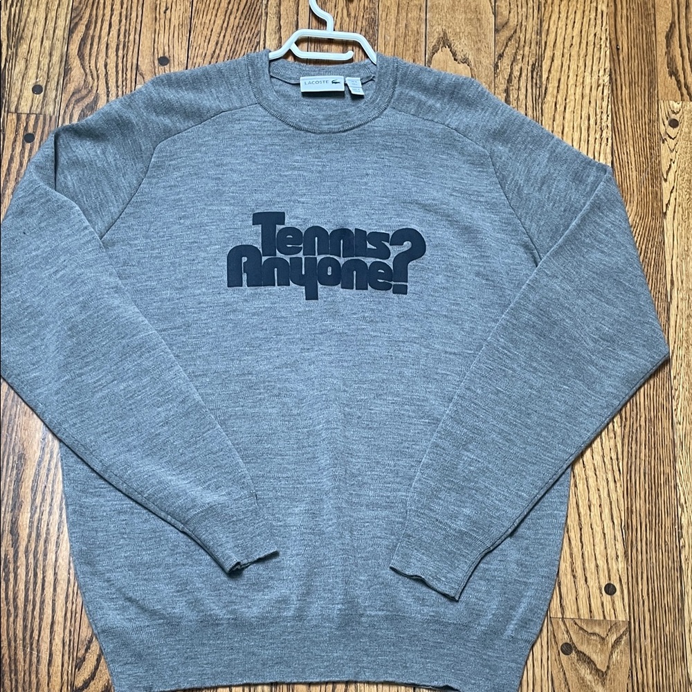 Lacoste sz L Gray 100% Wool Sweater w Navy - Tennis Anyone?